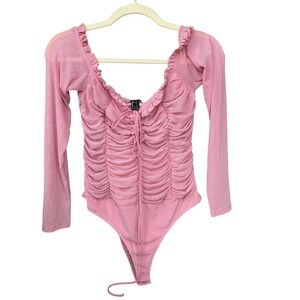 Y2K Pink Long Sleeve Milkmaid Top Large Sheer Mesh Ruched Ruffles Balletcore